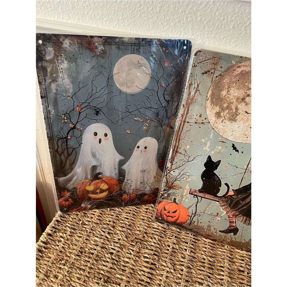 Vintage Halloween Witch & Cat & Ghosts Metal Sign - Black, Orange, White 8.5x12 - Picture 9 of 12